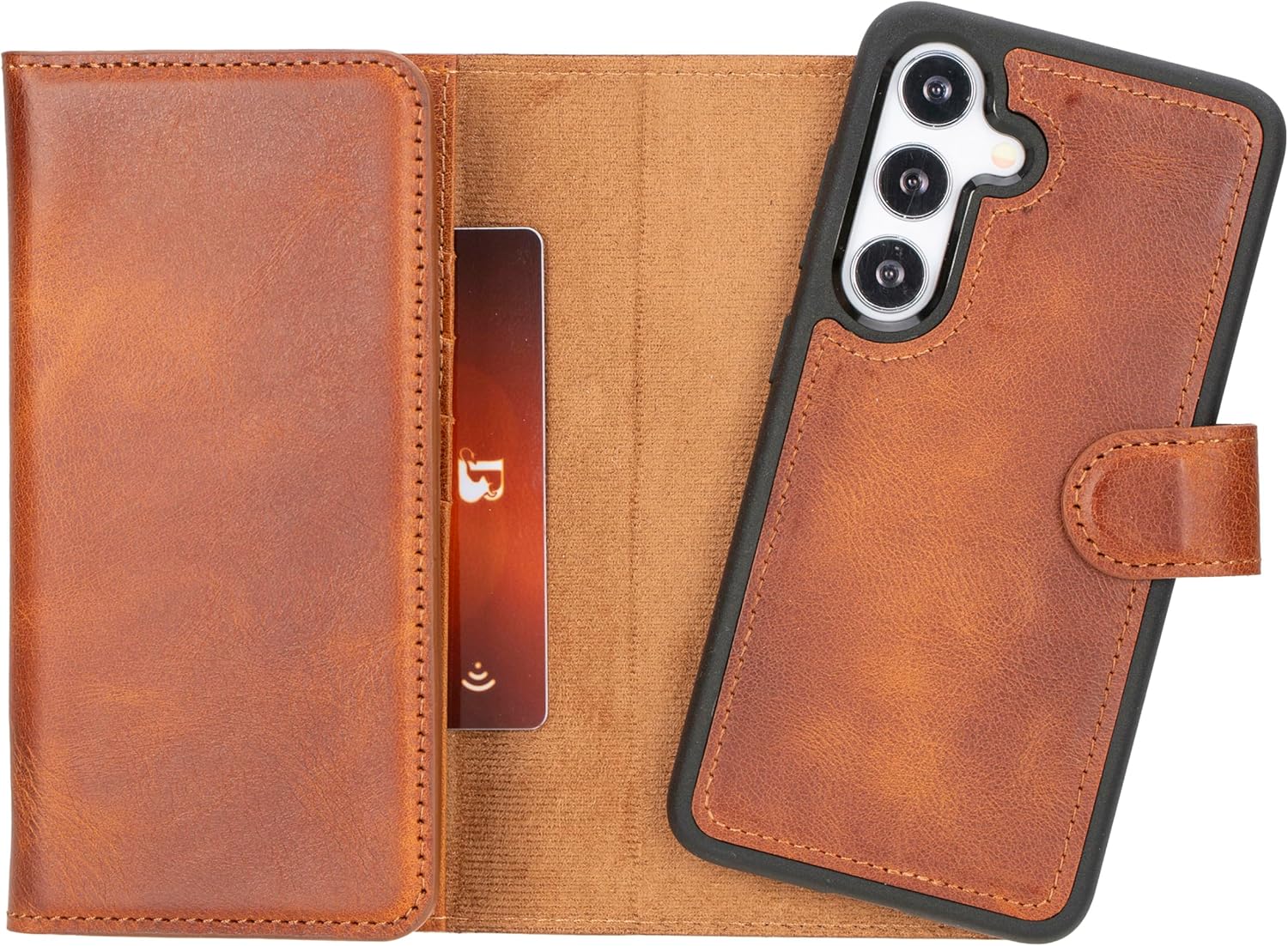 Bayelon Genuine Leather Wallet Case Compatible with Galaxy S24 Ultra, Tri-fold Flip Cover with Card Holder and RFID Protection (Vintage Brown)