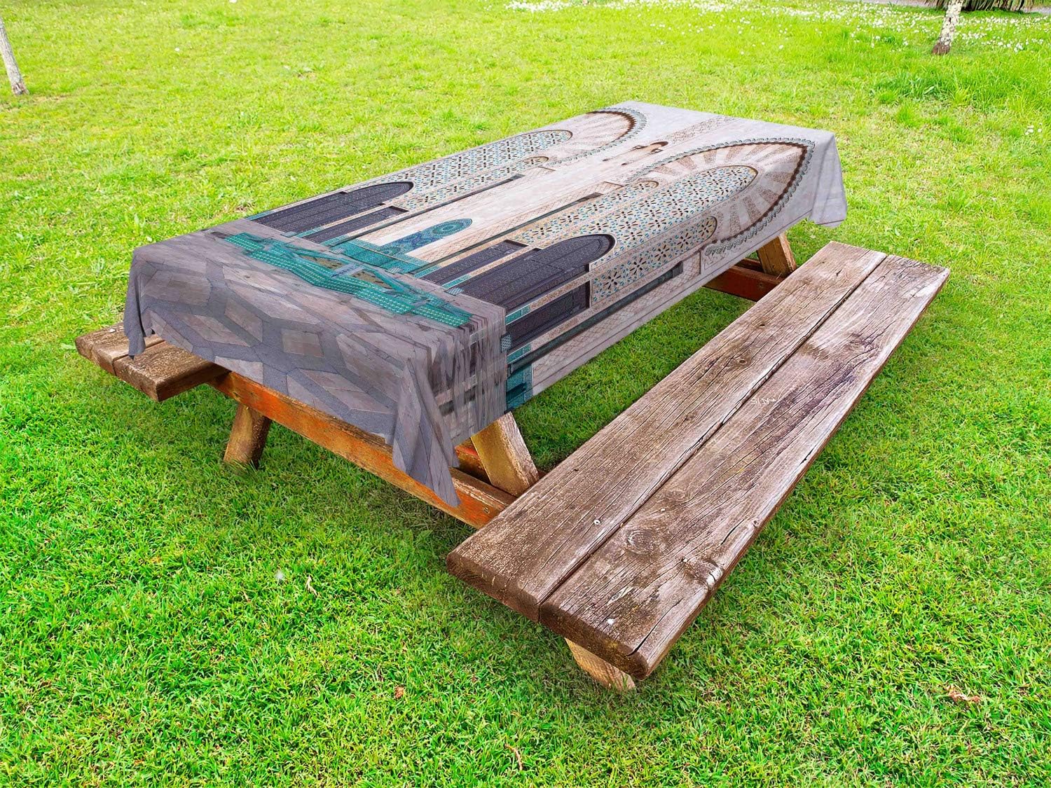 Ambesonne Architecture Outdoor Tablecloth, Eastern Exterior Vista of Casablanca Historic Building Doors and Quad Photo, Decorative Washable Picnic Table Cloth, 58" X 120", Multicolor