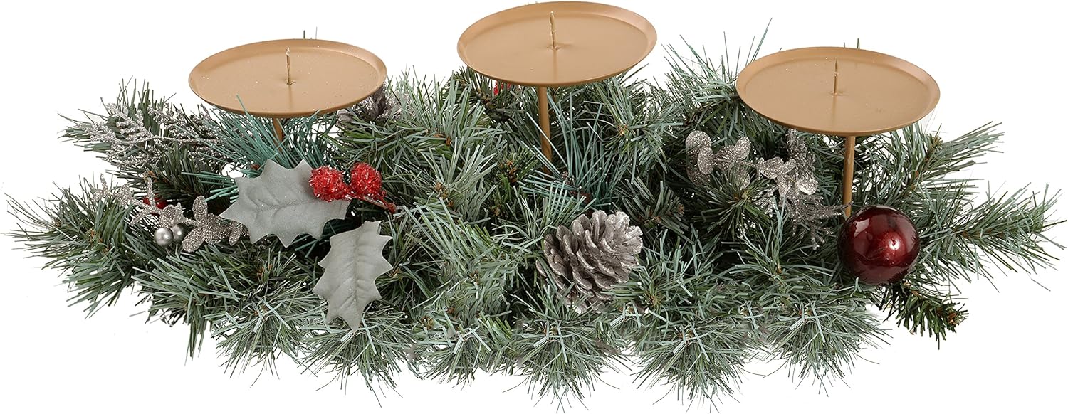Frosted Cones & Berries Table Centre Piece with 3 Pillar Candle Holder Christmas Decoration-Size 52cm