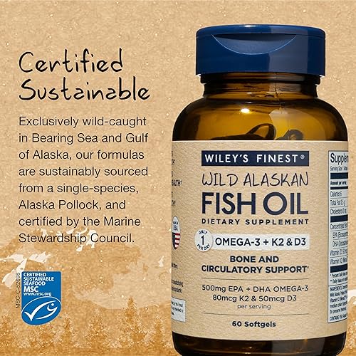 Miniatura 4 de Wiley's Finest Wild Alaskan Fish Oil Vitamina K2 Softgels - 500 mg de Omega-3 EPA y DHA para apoyo a la salud ósea y cardíaca - 60 cápsulas blandas