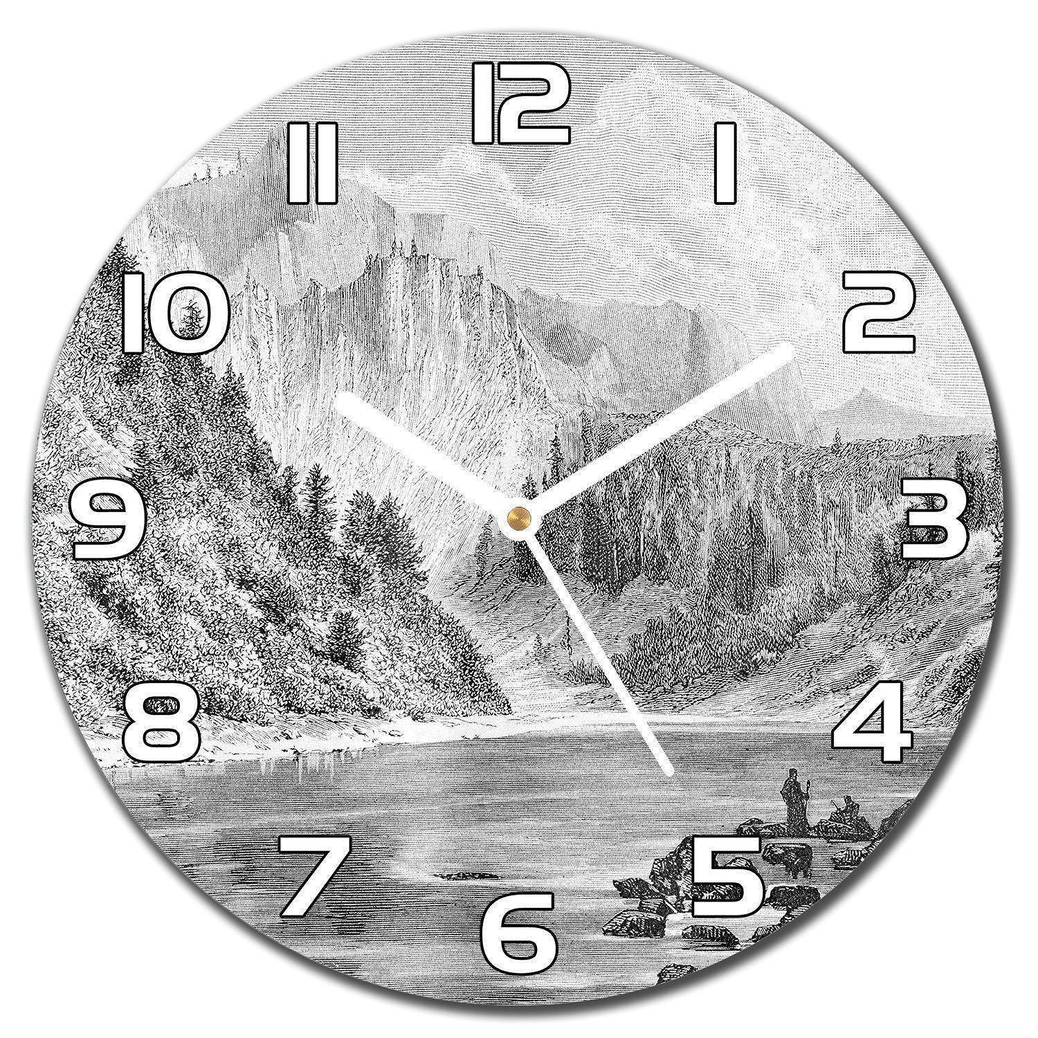 Horloge en verre moderne avec aiguilles blanches et paysage de colline 30 cm
