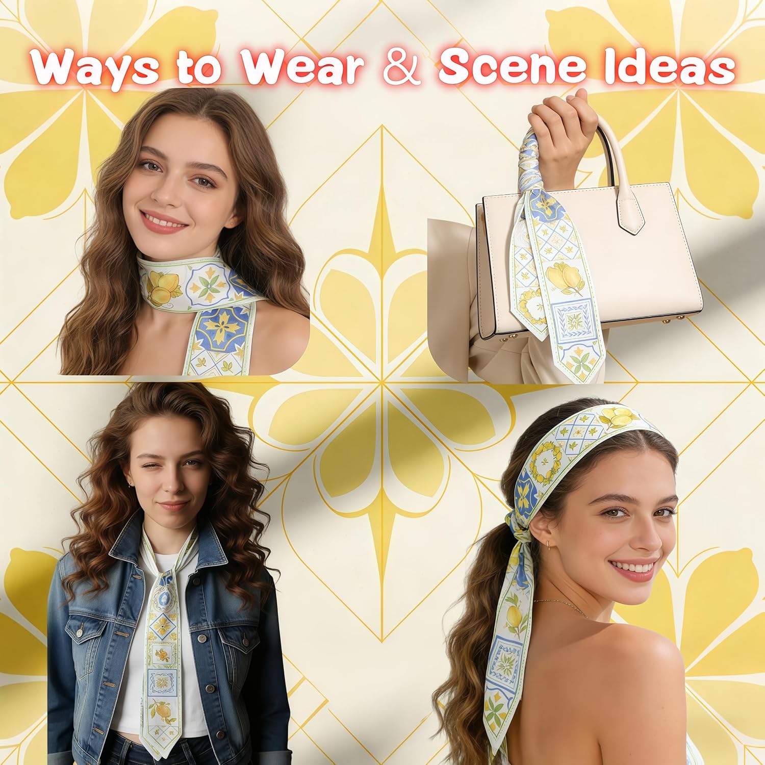 Head Scarf Hair Neck Scarves For Women Summer Vacation Purse Bag Scarfs For Handbags Silky Long Thin Satin Headscarf Fashion Mediterranean Lemon Tile Print