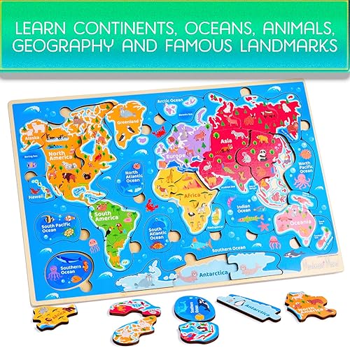Miniatura 2 de Montessori Mama Rompecabezas de madera con mapa del mundo, rompecabezas de continentes y océanos para niños de 4 a 6 años. Juguetes educativos