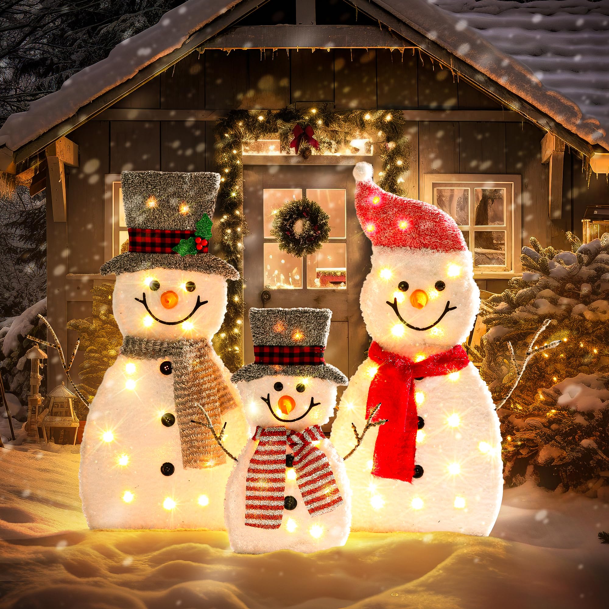 GENIMO 3-Piece Outdoor Snowman Christmas Decorations Yard, 30 inch Pre Lit Snowman Family with 70 Led Lights Outside Indoor Holiday Lighted Christmas Decor for Lawn, Garden Clearance 2D