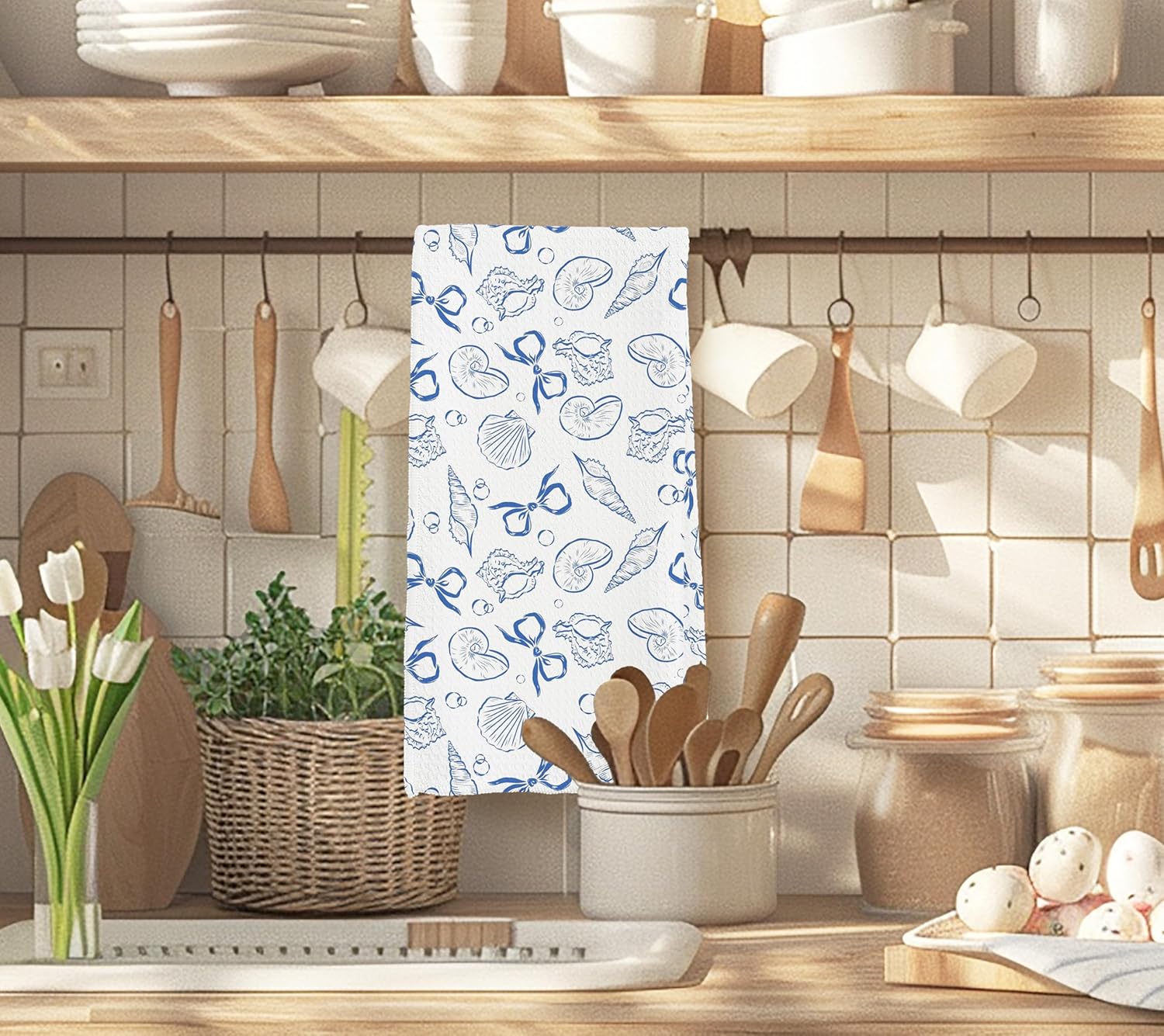 Coquette Blue Bow Seashell Beach Kitchen Towels, Preppy Blue Coastal Nautical Dish Tea Towels, Beach Gifts for Women Decorative Hand Towel for Kitchen Bathroom, 16x24 Inch - Image 2