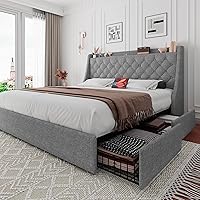 Vista 1 de iPormis Base de cama Queen con 4 cajones de almacenamiento, marco de cama tapizado con puertos tipo C y USB, cabecera de almacenamiento con respaldo