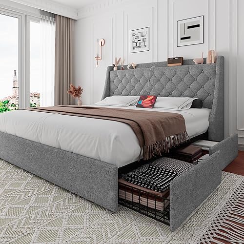 iPormis Marco de cama tamaño completo con 4 cajones de almacenamiento, marco de cama de plataforma tapizado con puertos Type-C y USB, cabecera de