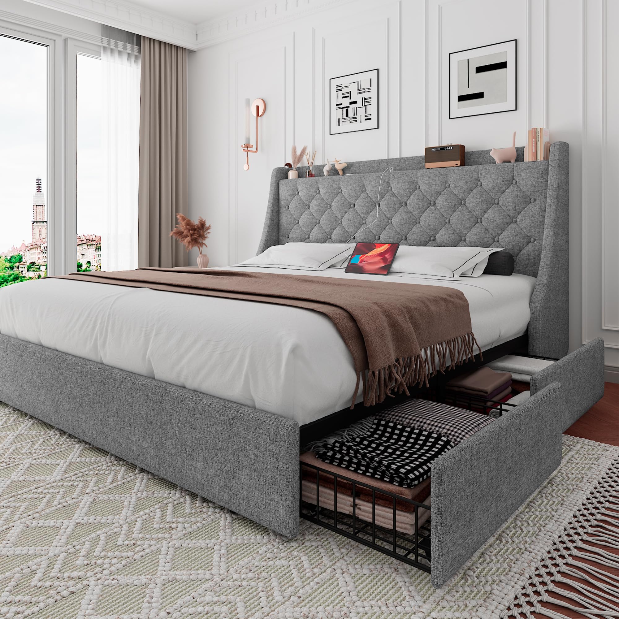 iPormis King Size Bed Frame with 4 Storage Drawers Upholstered Platform Bed Frame with Type-C USB Ports Wingback