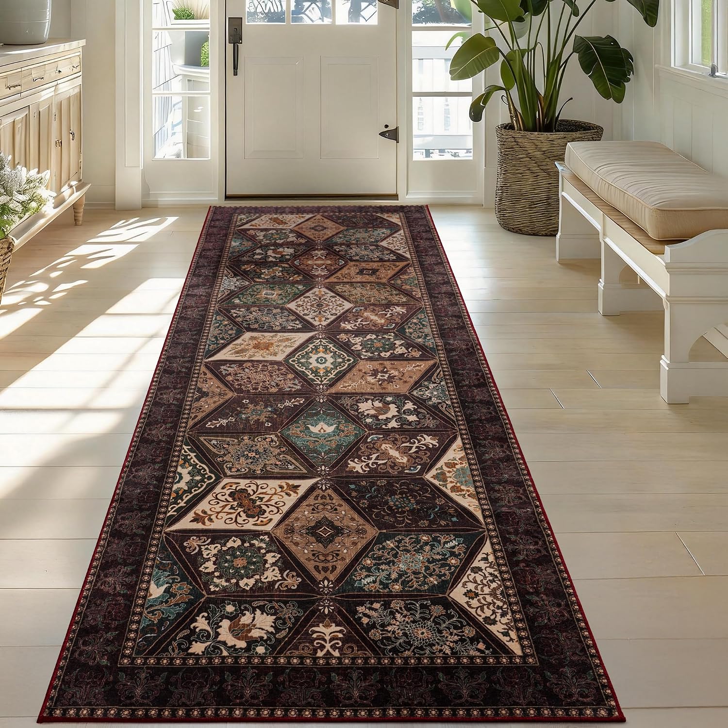 Moroccan 2x6 Runner Rug, Vintage Distressed Boho Floral Geometric Patchwork Washable Non Slip Throw Floor Long Carpet Runner for Hallway Entryway Kitchen Bathroom Bedroom Livingroom Rug, Brown