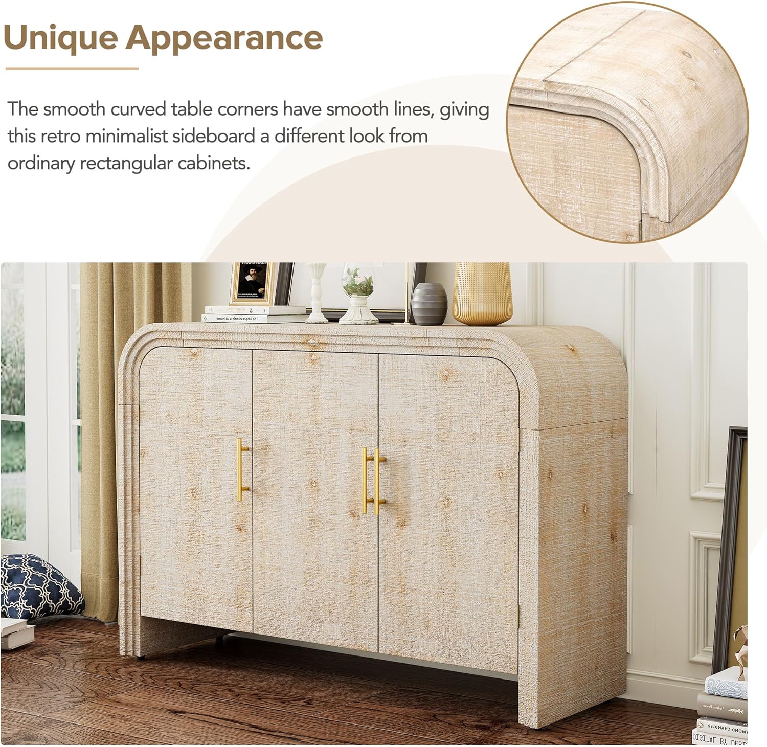 Curved Sideboard Buffet Cabinet with Adjustable Shelves and Gold Handles for Living Room or Dining Room - Natural Wood Wash