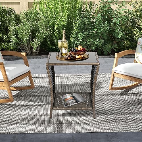 Miniatura 6 de kinbor Mesa auxiliar para exteriores, mesas de porche pequeñas, mesas auxiliares de mimbre, mesa auxiliar de patio para patio trasero piscina