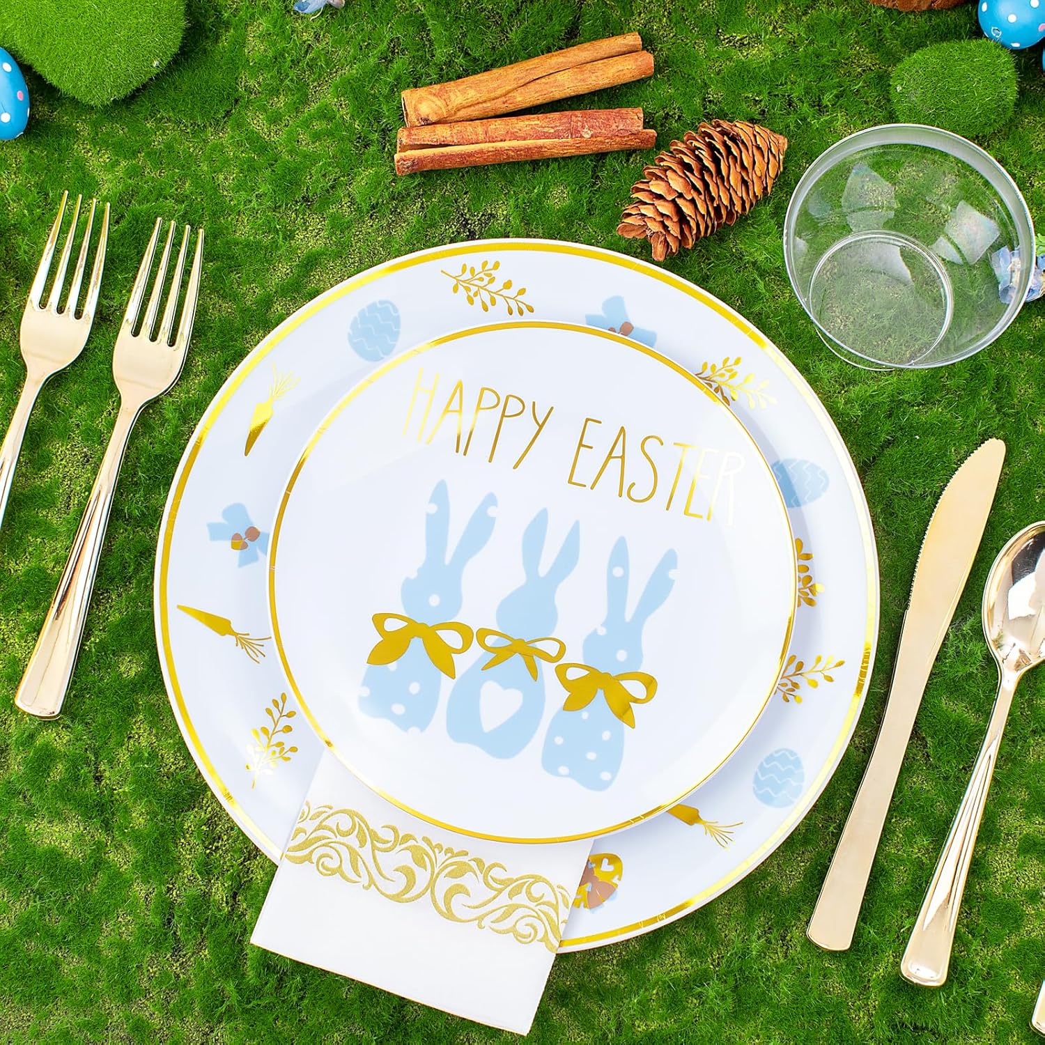 Morejoy 175pcs Easter Plastic Plates,Bunny Plate,Blue Plastic Disposable Dinnerware Set include 25Dinner Plates,25 Salad Plates,25 Cups,25 Forks,25 Knives,25 Spoons,25 Napkins Perfect for Easter Party