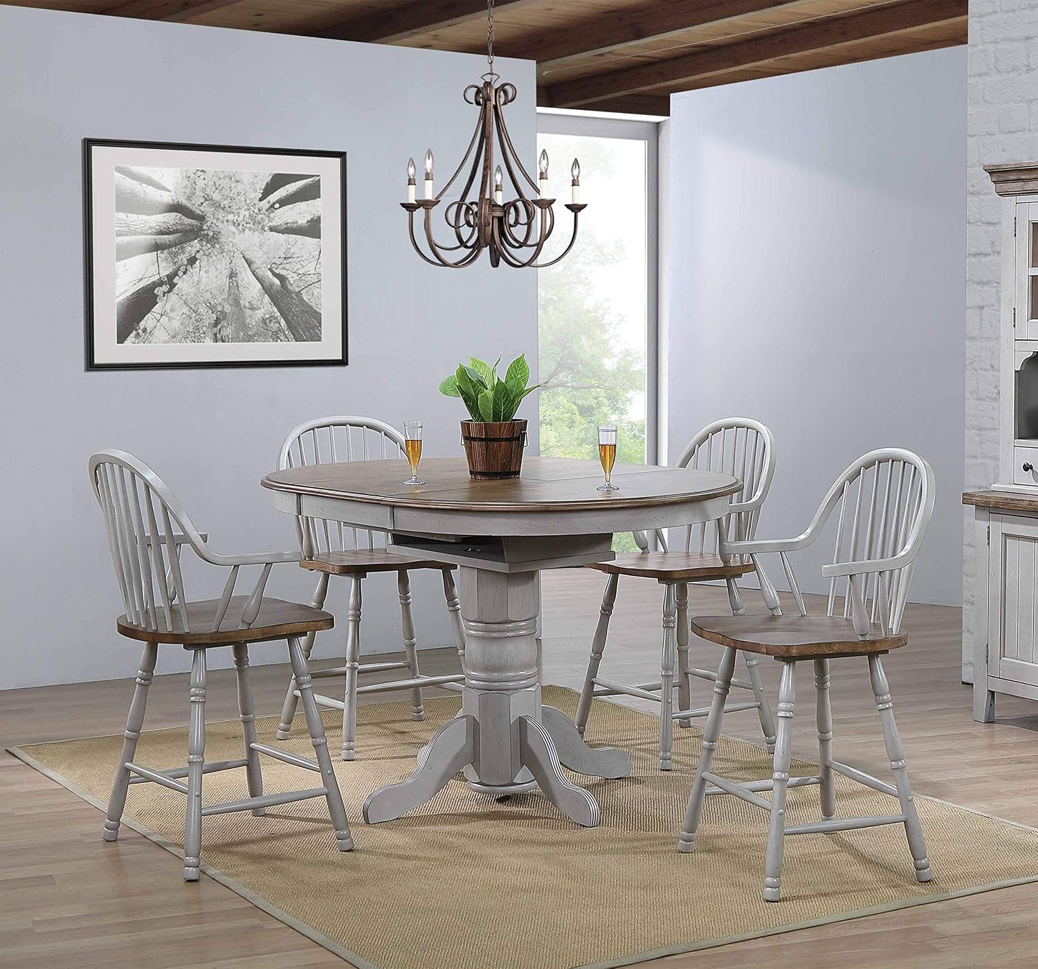 Sunset Trading Country Grove 5 Piece Round or Oval Extendable Pub Table Set | 4 Barstools with Arms | Distressed Gray and Brown Wood