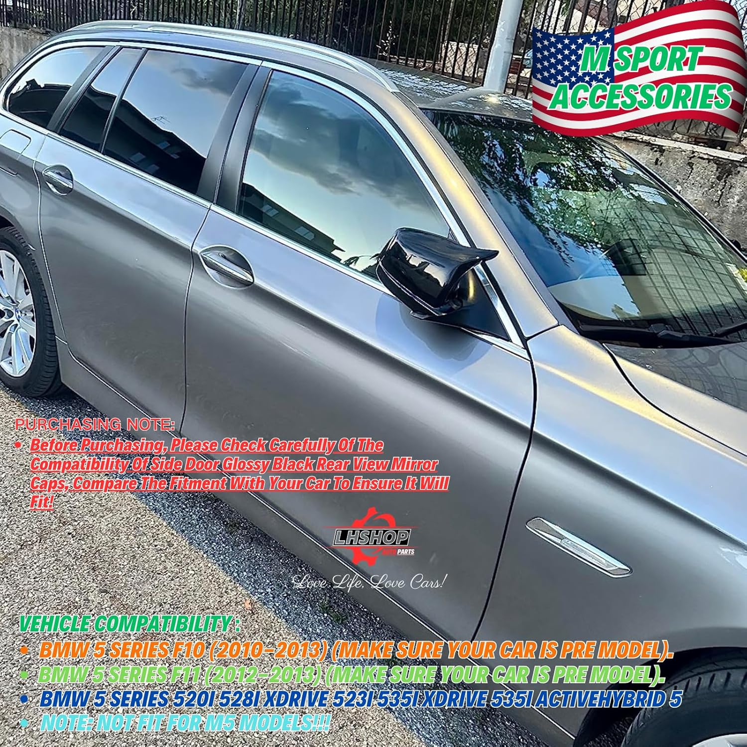 Car Side Mirror Covers Caps Replacement for 2011-2013 BMW 5 Series Pre Lci F10 520i 523i 535i F11 530i Exterior Accessories Tuning Parts - M Style, Glossy Black