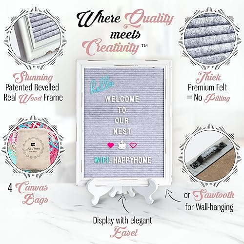 Miniatura 9 de Felt Creative Home Goods - Tablero de letras de fieltro rústico, paquete definitivo, marco y soporte de madera blanca vintage, juego de 800 letras