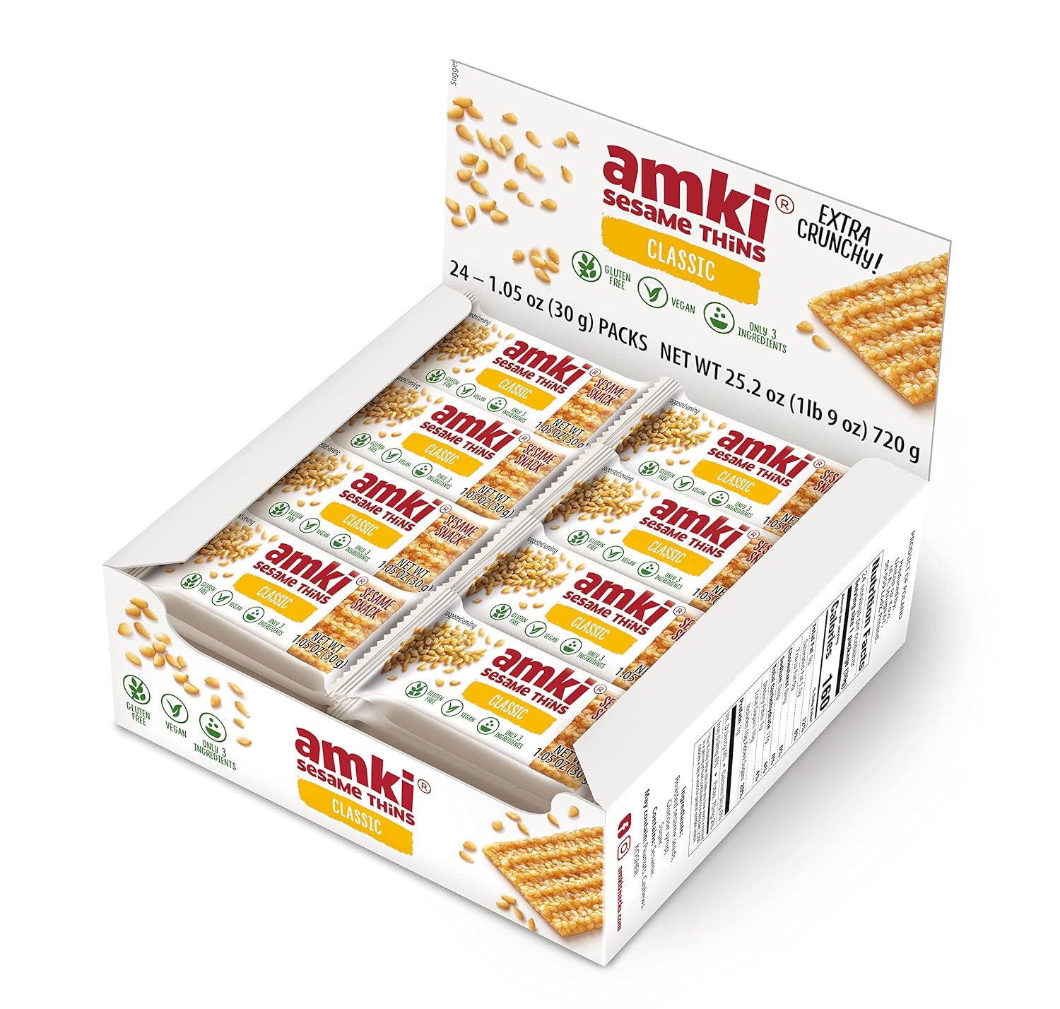 Amki Sesame Thins Classic (Sesame Snaps), Gluten Free, Vegan, Delicious, Crunchy, Sensibly Sweet Snacks. 24 Pack, 720g
