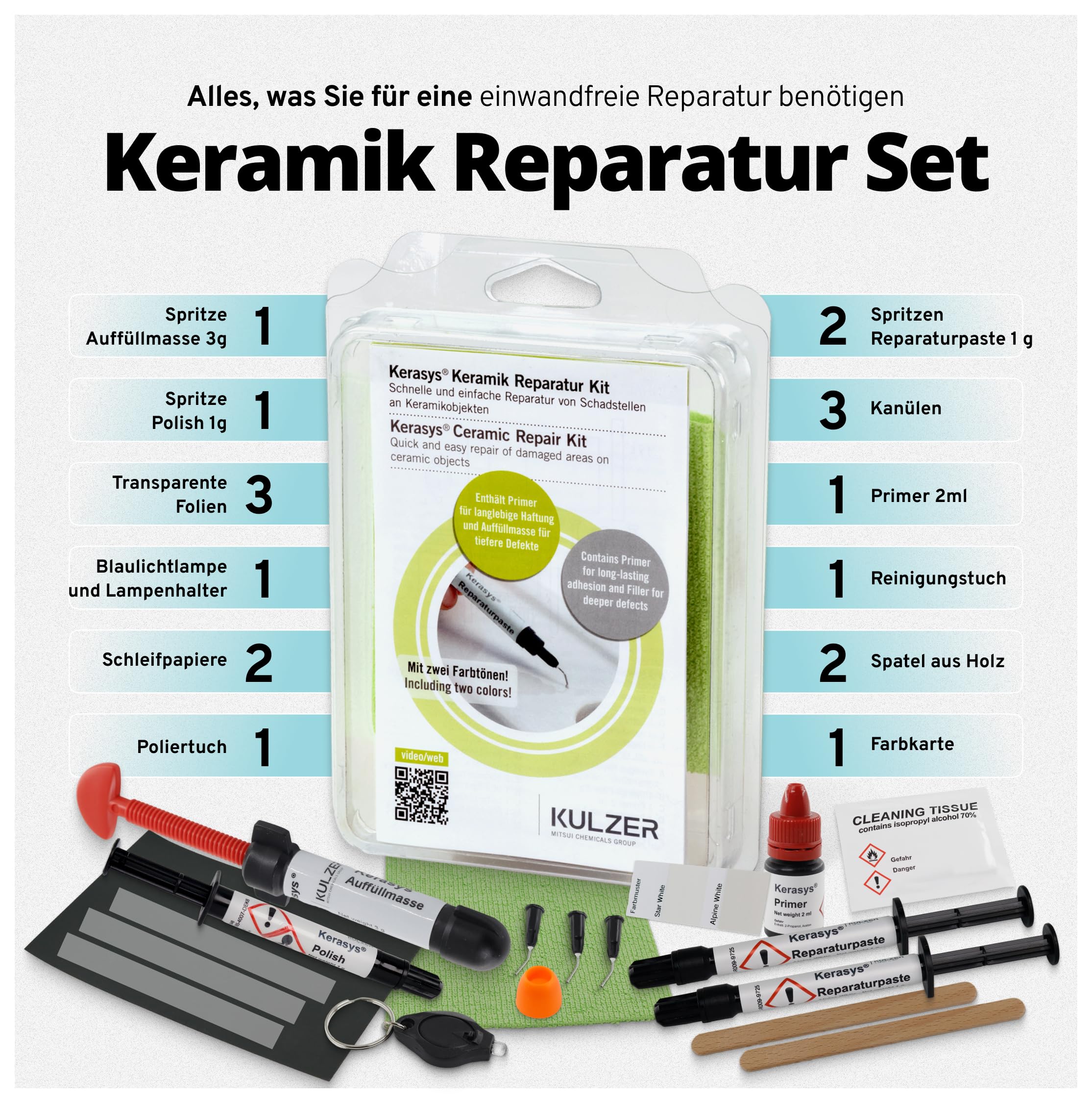 KERASYS Keramik Reparaturset - Profi Reparaturpaste für Waschbecken, Badewannen, Fliesen Komplettset mit UV-Licht, Primer & Politur - Farben: Alpine White/Star White