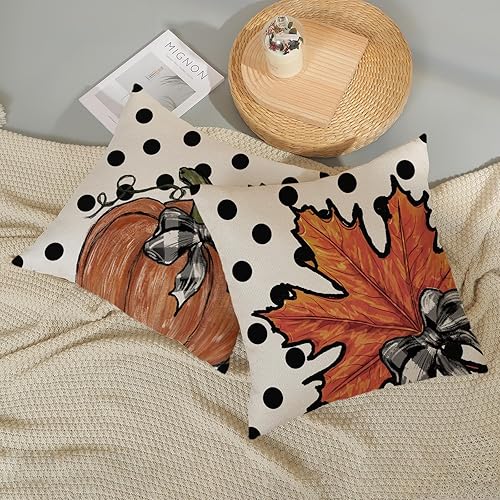 Miniatura 12 de Juego de 2 fundas de almohada de otoño de 18 x 18 pulgadas, hojas de arce de calabaza y búfalo a cuadros, decoración de otoño, de lino, Acción