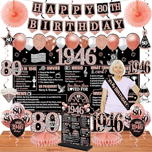 80th Birthday Decorations for Women, 25PCS Black Rose Gold Happy 80th Birthday Banner Vintage 1946 Backdrop Back in 1946 Wooden Table Poster Hanging