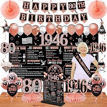 80th Birthday Decorations for Women, Black Rose Gold 25Pcs