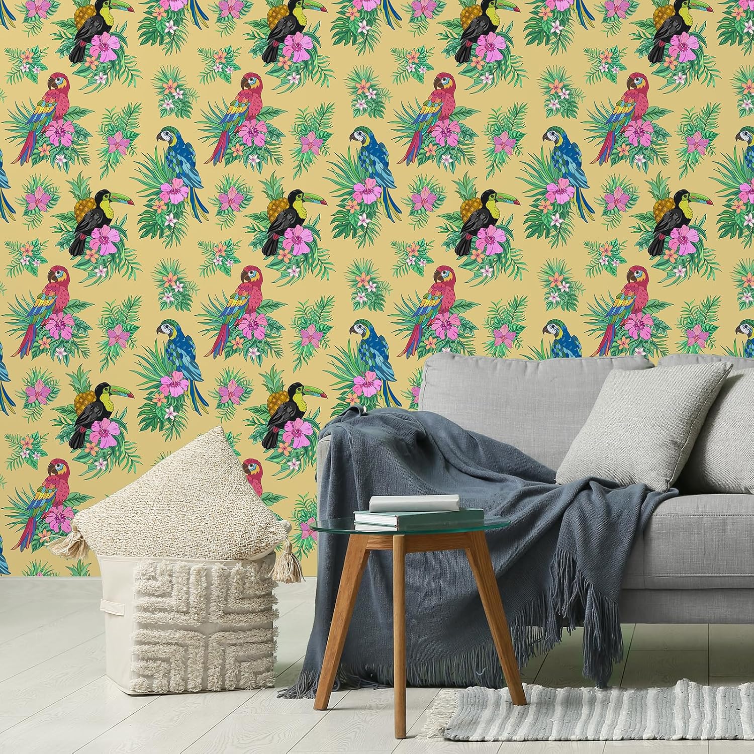 CHIHUT 17.7”x100” Peel and Stick Tropical Bird Wallpaper Sunny Beige Vibrant Parrot Toucan Print Hibiscus Palm Leaves Contact Paper Removable Waterproof Wallpaper for Bedroom Living Room Nursery