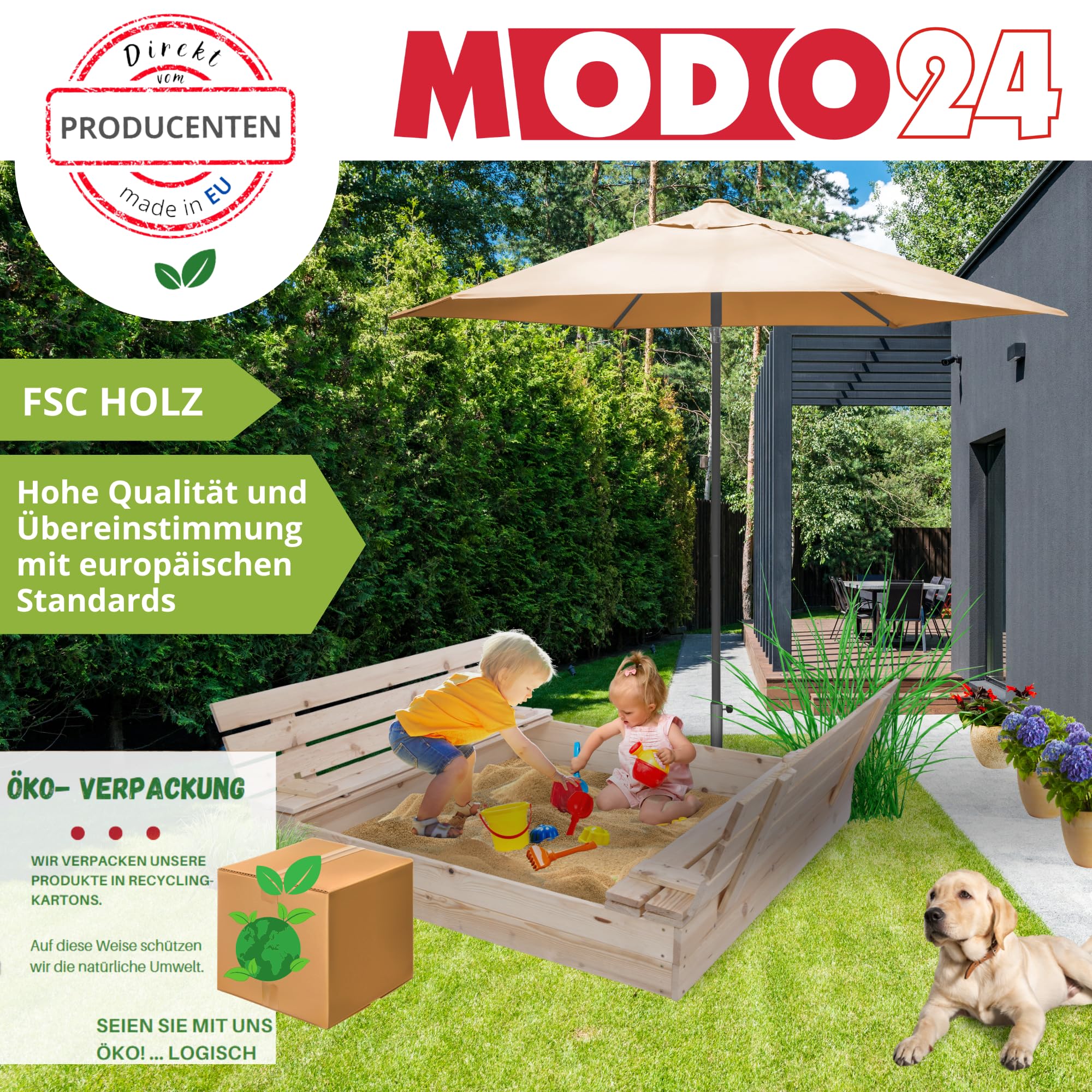 Sandkasten mit Deckel, Sitzbänken und Schutzplane, Holzsandkasten, Gartenspielzeug für Kinder, Sandkasten für Garten, Outdoor Sandkasten, Abmessungen 140x137 cm, Farbe: Grau (imprägniert)