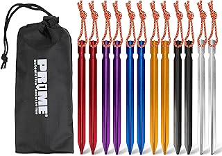 PR1ME Aluminum Tent Stakes, 12 Pack Lightweight Stakes Pegs Heavy Duty Camping Spikes, Ultralight Tent Nail with Reflectiv...