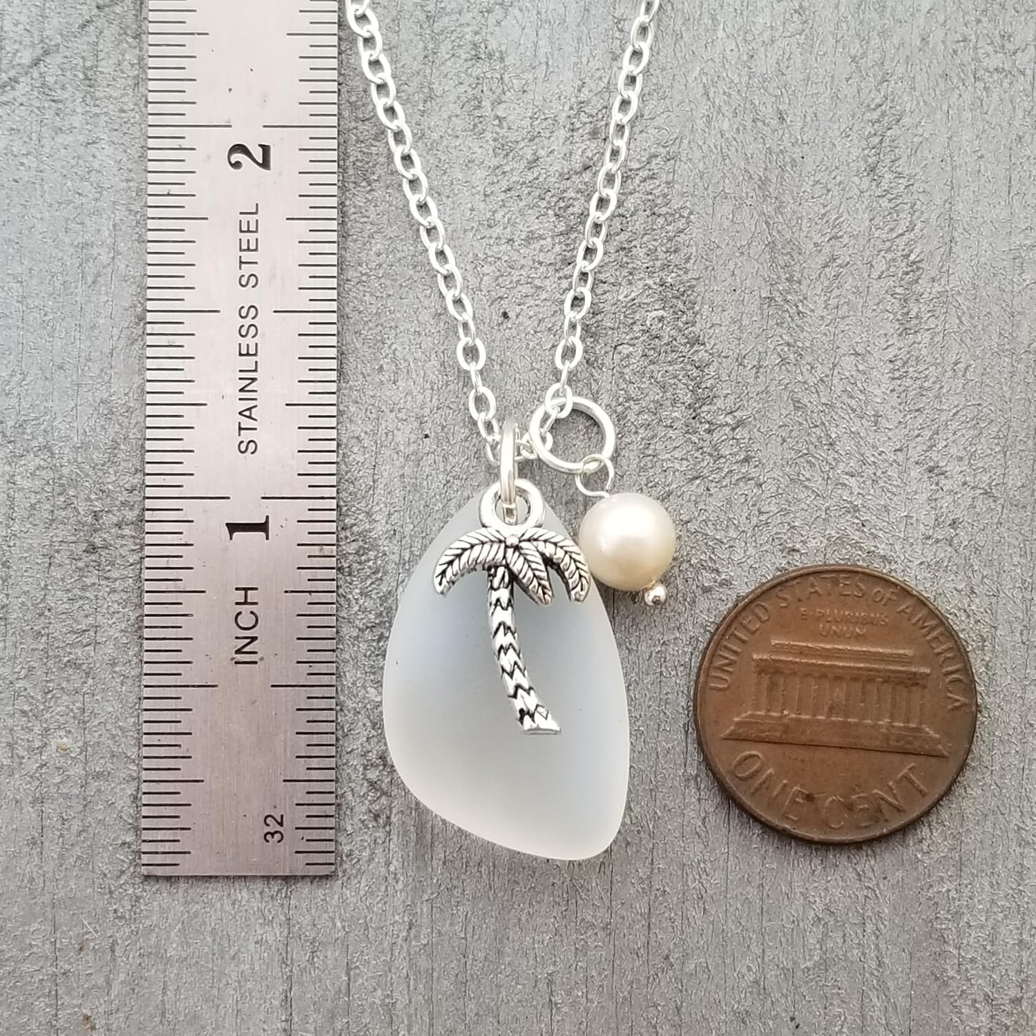 Sea Glass Necklace For Women, Hawaiian Jewelry For Women, Moonstone Sea Glass Necklace, Pearl Palm Tree Necklace, Birthday Gift (June Birthstone)