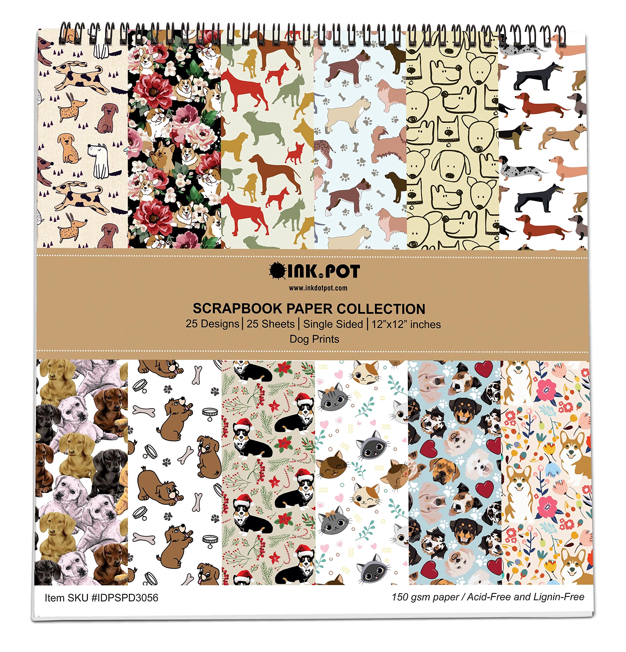 Inkdotpot 25 Dog Print Scrapbook Paper Pad 12" x 12", Single-Sided Scrapbook Paper- Colorful Cardstock Paper Scrapbooking DIY Decorative Background Cardmaking Supplies- Journal Craft Paper