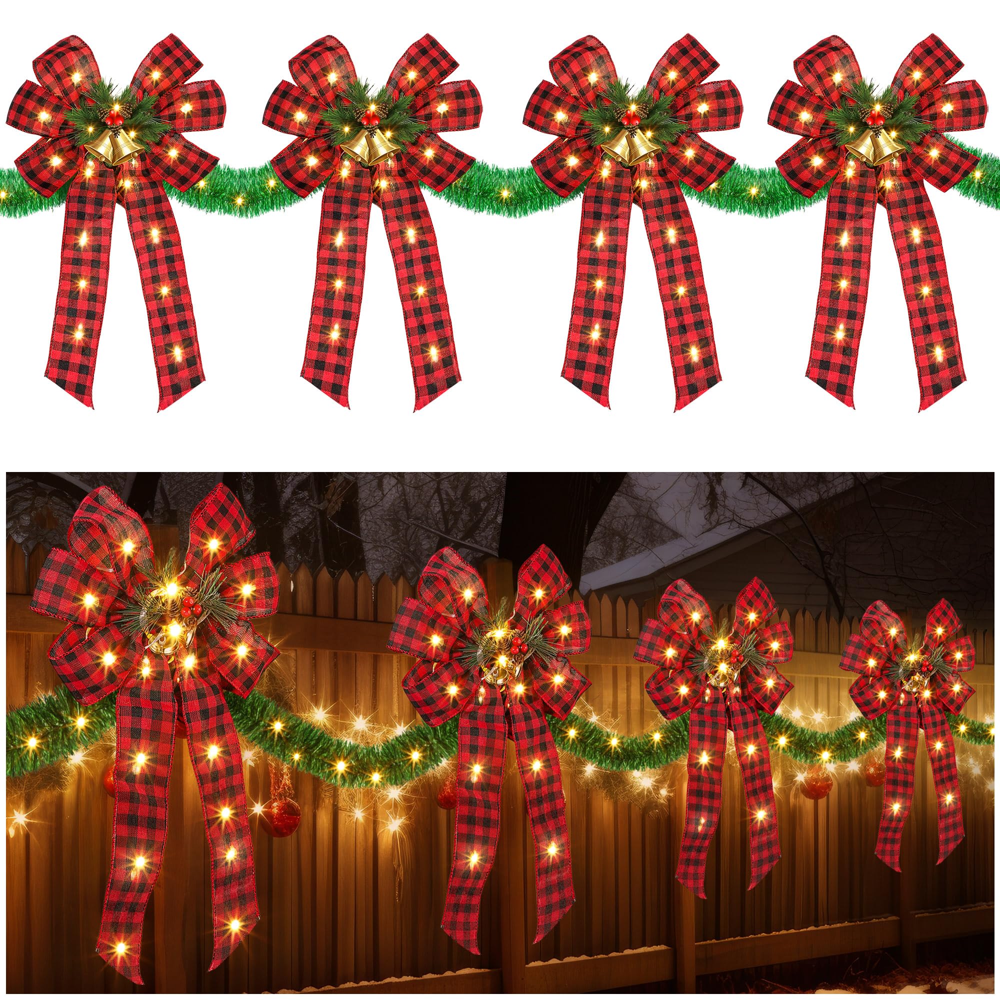 Fiocchi natalizi da 4,5 m, decorazione per recinzione, 140 LED, grandi fiocchi natalizi illuminati con 8 modalità e temporizzazione, ornamento per feste, porta d'ingresso, camino (rosso