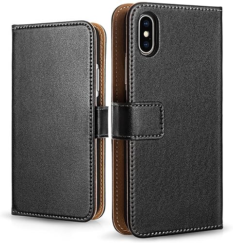 Centopi iPhone Custodia  iPhone Custodia Portafoglio Vera Pelle Resistente Sottile Cover Leggera Con Diverse Fessura per Scheda Memoria Soldi Nero