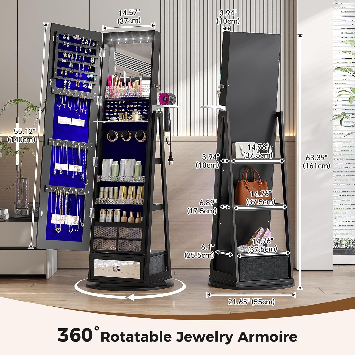 HWB Jewelry Storage Cabinet with LED Full-Length Mirror, 360° Swivel Standing Jewelry Organizers with Shelves & Drawer Storage, Jewelry Armoire with Remote Control Lights, Black