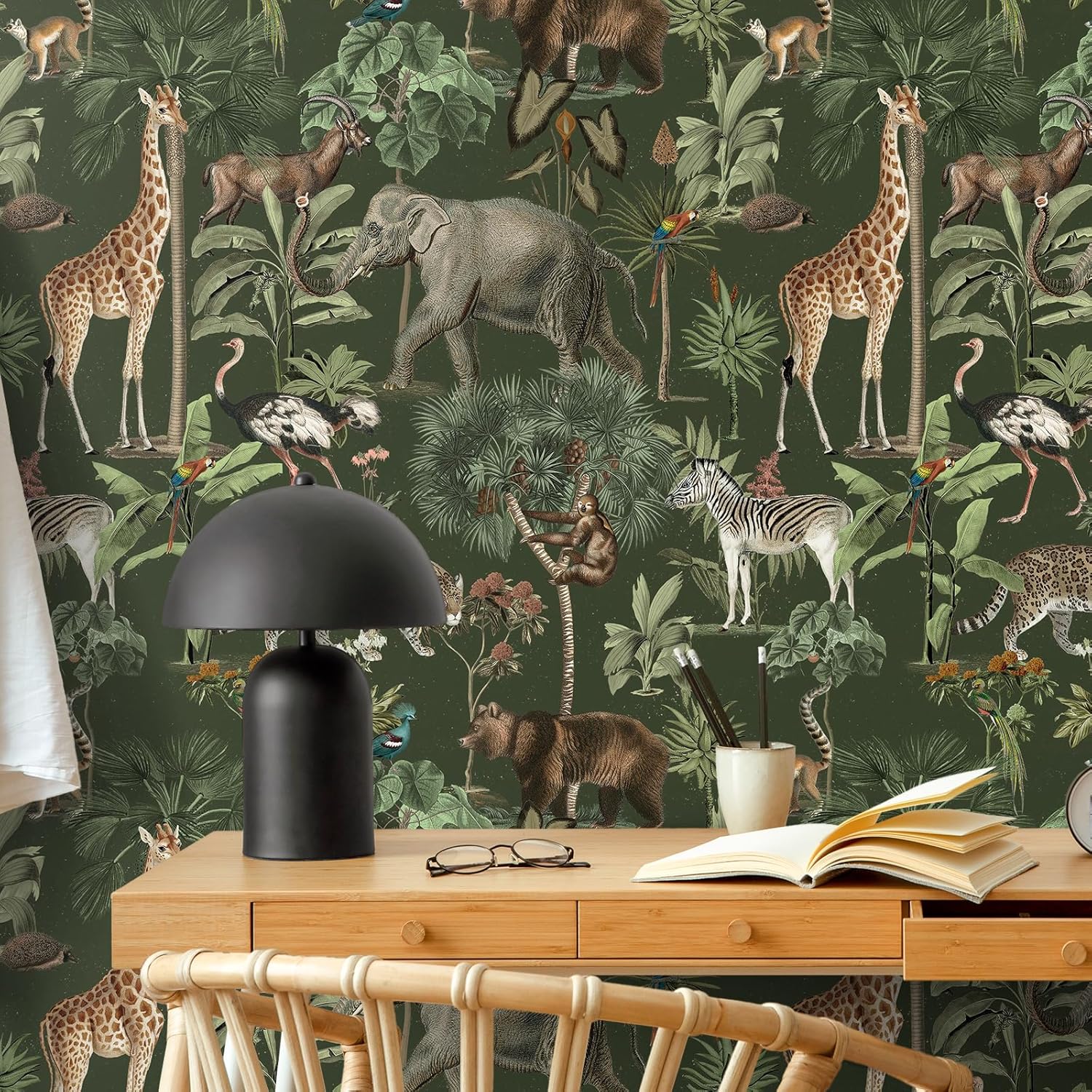 VEELIKE Green Animal Tropical Wallpaper Peel and Stick Jungle Safari Wallpaper for Bedroom Nursery Bathroom 17.7''x354'' Prepasted Removable Forest Wall Paper Green Contact Paper for Cabinets Walls