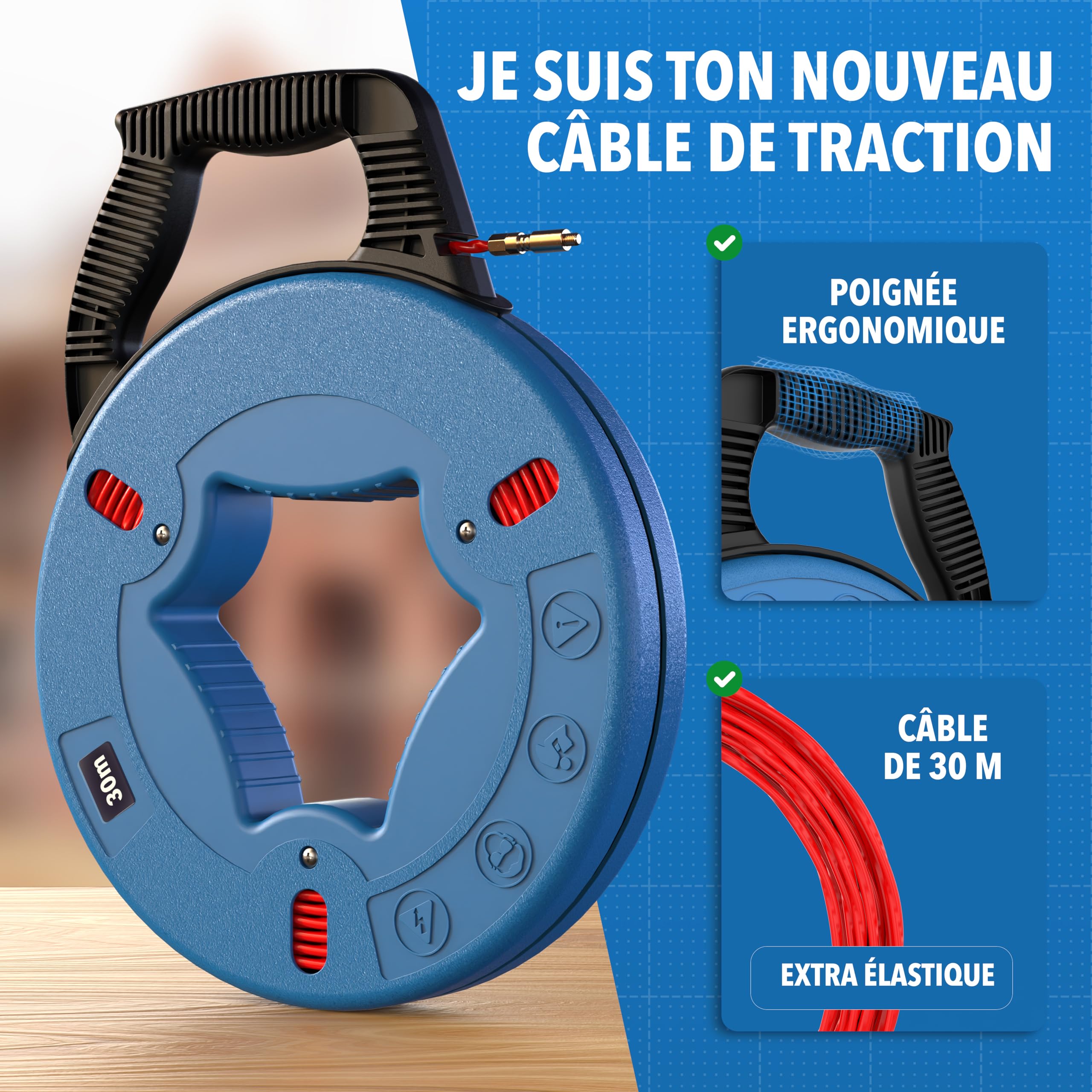 Spirale de traction 30 m – Aide à la traction de câbles, spirale de traction avec ressort, aide à la traction pour tuyaux vides, câble de traction, extracteur de câble pour câbles et installations