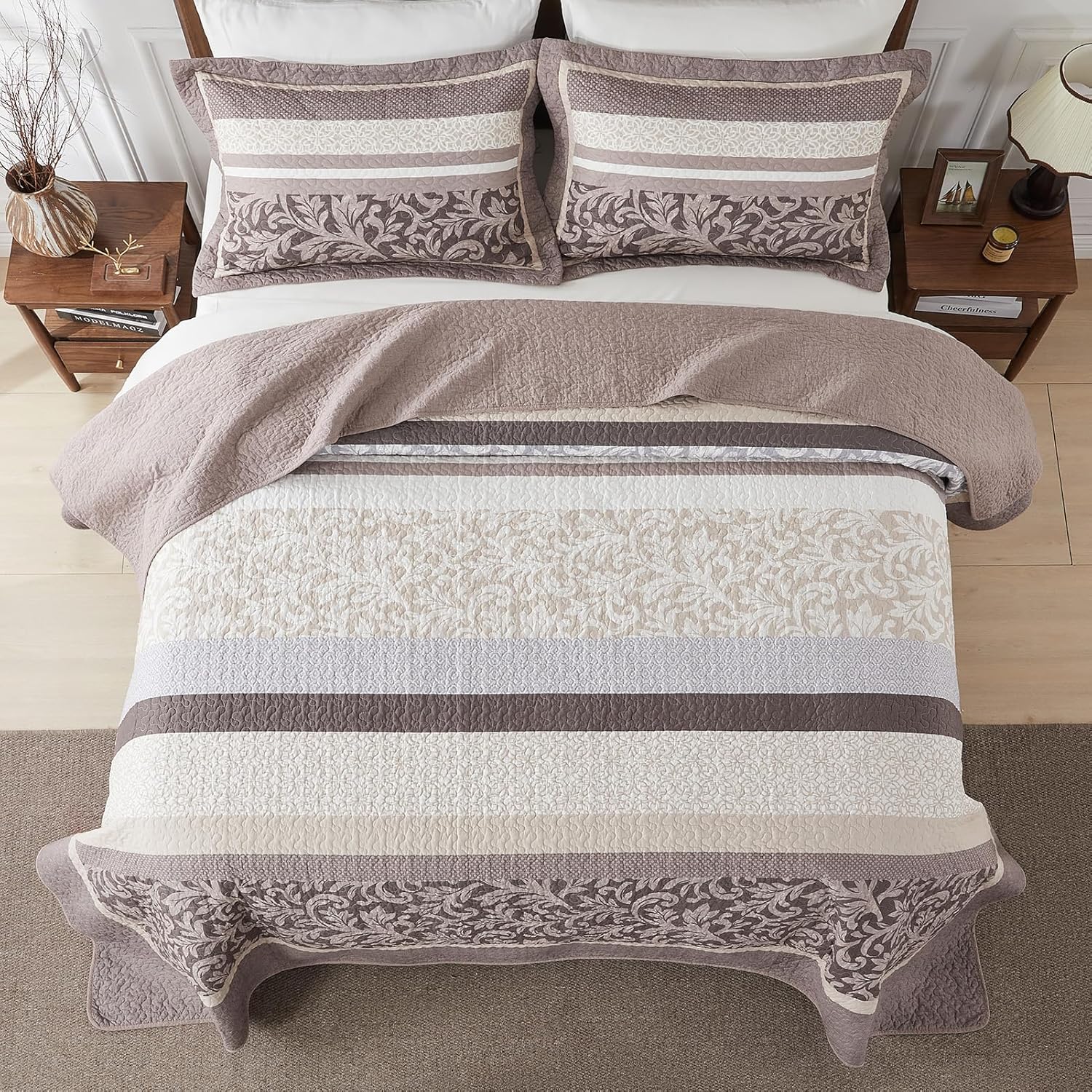 SahSahCasa 100% Cotton 128"x120" Oversized King Quilt Bedspread - California King Quilted Extra Large Comforter Lightweight Bedding Set, Cal King XL Striped Floral Bed Spread, Taupe/Beige/Brown/Gray