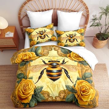 CCoutueChen Yellow Rose Bee King Comforter Set, Soft Retro Art Oil Painting Floral Lightweight Comforter for Women Bedroom Decor, 3 Pieces Microfiber Bright Picture Frame Bedding Set 90" X 104"