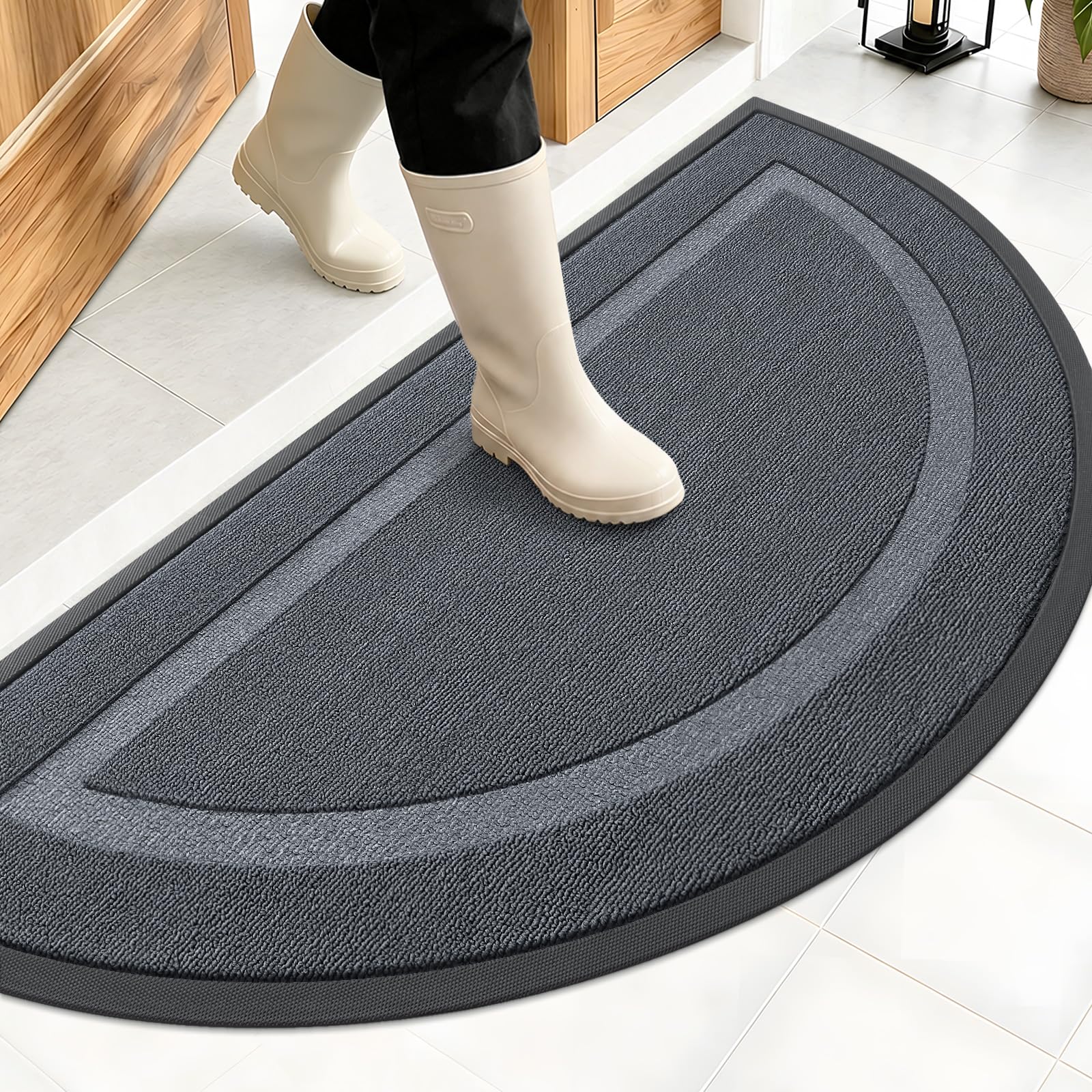 OLANLY Half Circle Front Door Mat Outside 47x23 All-Season Rubber Doormat | Charcoal Gray, Absorbent, Heavy-Duty, Stain and Fade Resistant, Non-Slip Backing, Low-Profile Indoor Outdoor Entryway Mat