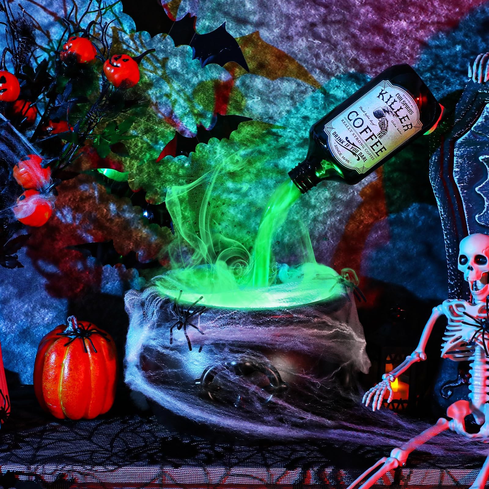 Halloween Decoration Chaudron Magique, Chaudron Sorciere DéCorations D'Halloween D'IntéRieur, Avec Bouteilles De Potion Magique Flottantes Avec Brumisateur Led, DéCoration FêTe Pourla Maison,Table (A)