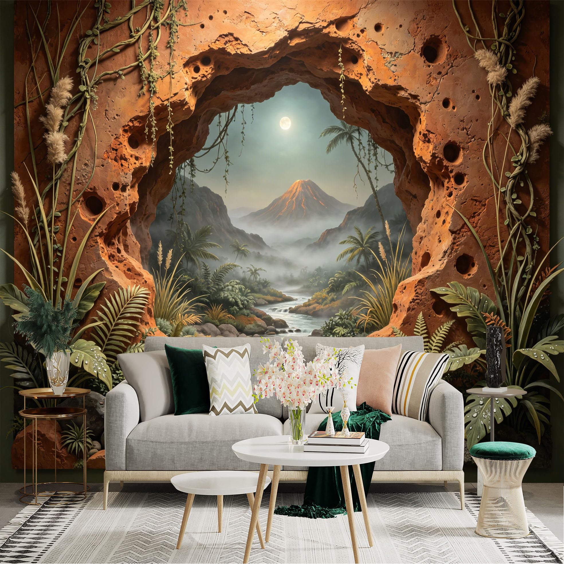 Custom Size Wall Sticker Mural， Tropical Cave View with Waterfall， River and Misty Mountain， for wall Decoration， peelandstick wall Decals.