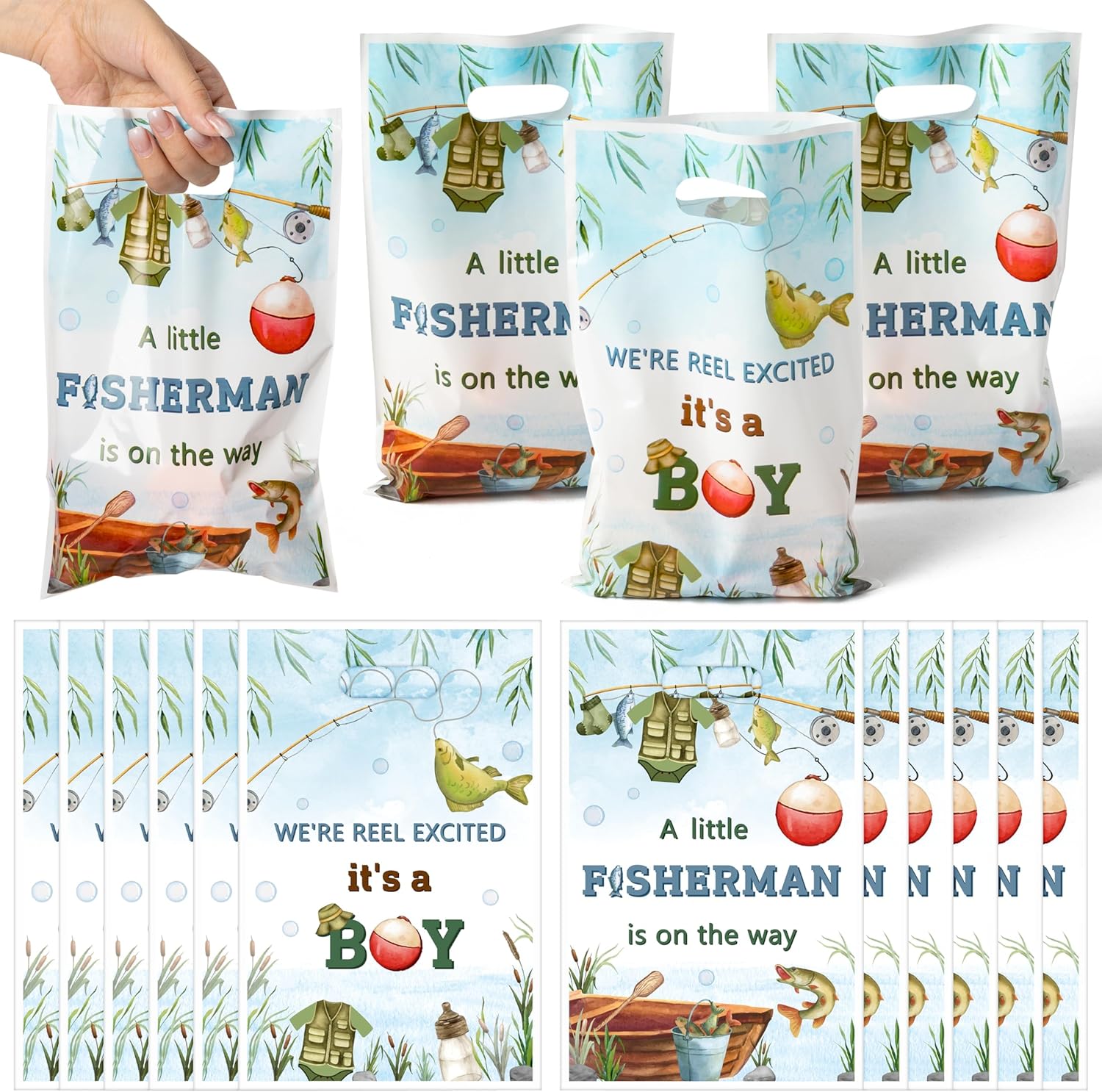 Fishing Party Supplies: tableware includes 9-inch paper plates, 7-inch paper plates, napkins and forks. Tablecloth; Gift bag