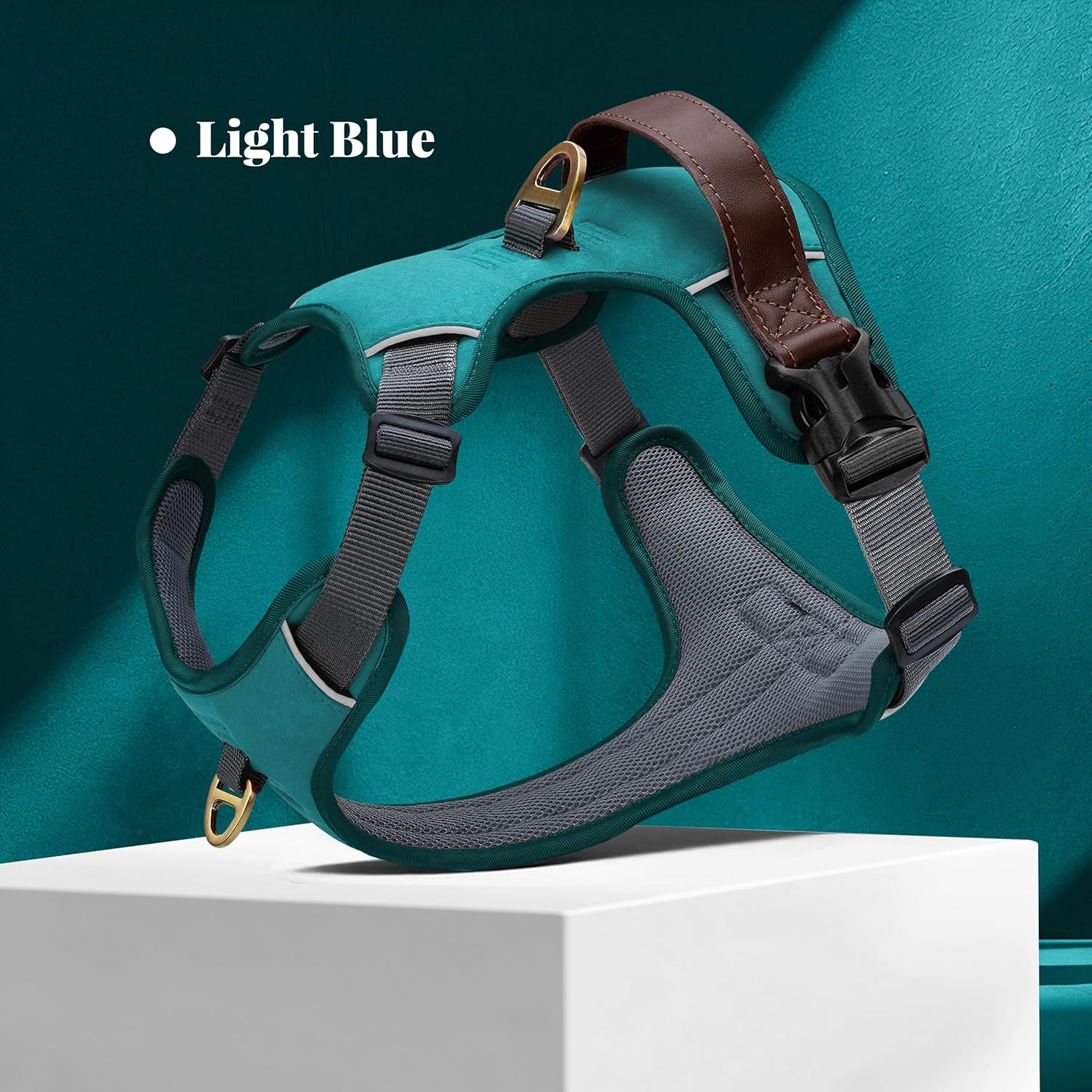No Pull Dog Harness Medium Sized Dog,Stylish PU Leather Vest with Easy Control Handle,No Choke Front Clip with 2 Metal Leash Clips,Reflective & Adjustable for Walking,Light Blue,Chest 22-29"
