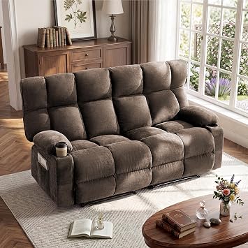 Oversized Loveseat Recliner Sofa, Double Recliner, Big Large Reclining Sofa with Cup Holders & Side Pockets, Traditional 2-Seater Manual Recliner Couch for Living Room, RV, Home Theater Fabric,Brown
