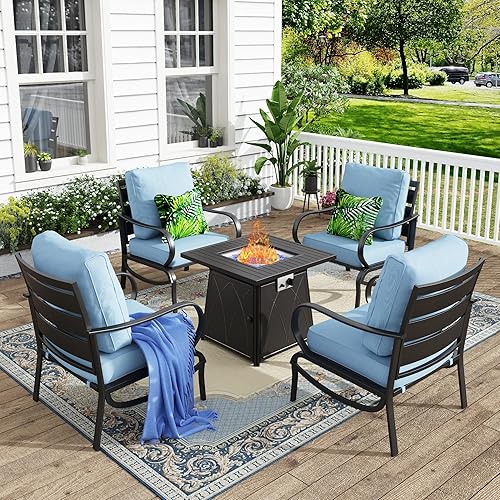 Miniatura 13 de MFSTUDIO Juegos de muebles de patio con mesa de fogata de gas de 45 pulgadas, 8 piezas de conversación de metal para exteriores con 1 sofá de 3