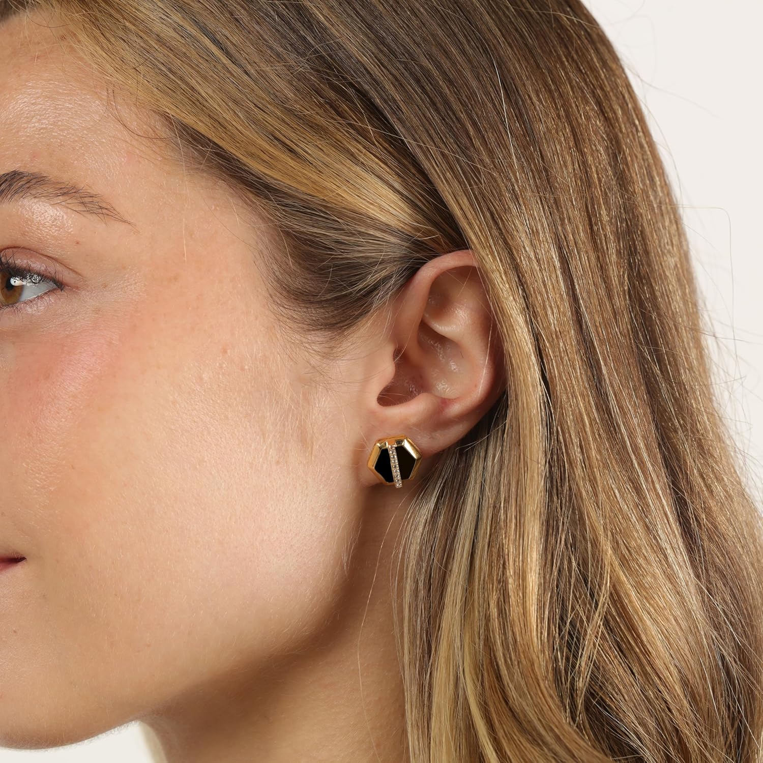 Lavari Jewelers Hexagon Shape Stud Earrings for Women with Black Onyx Malachite or Mother of Pearl and Created White Sapphire - 14k Yellow Gold Plated 925 Sterling Silver Earrings - Push Back Studs - Image 2