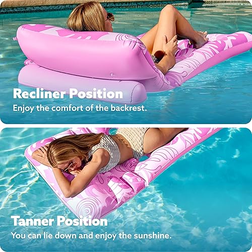 Miniatura 3 de SLOOSH Flotadores de piscina con respaldo ajustable, flotadores de tumbona de piscina con hojas tropicales para adultos con portavasos, flotador