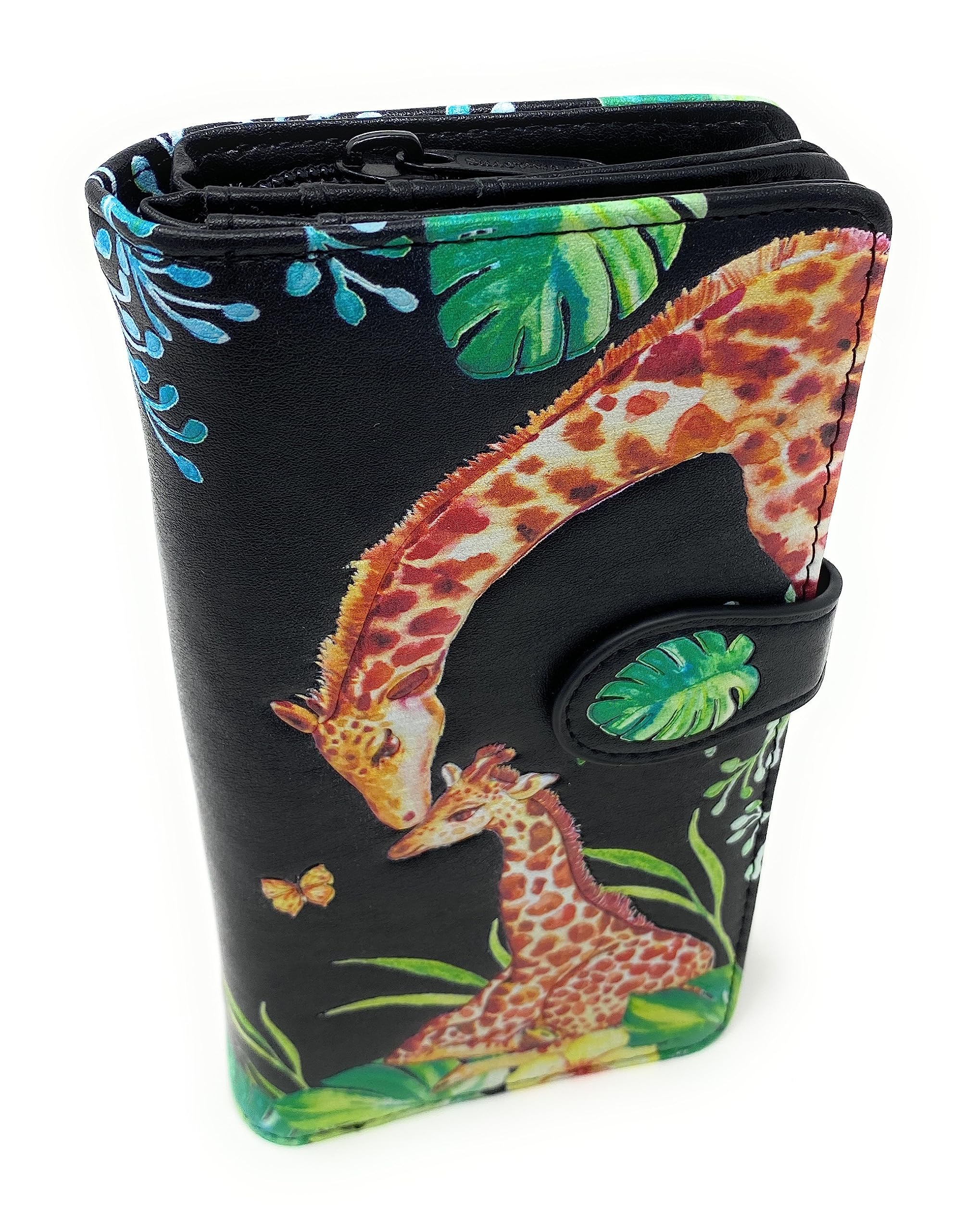 Shag Wear Giraffe Large Women’s Wallet, Vegan Faux Leather Bifold with Card Slots, Bill Compartments and Secure Snap Closure in Black 7"