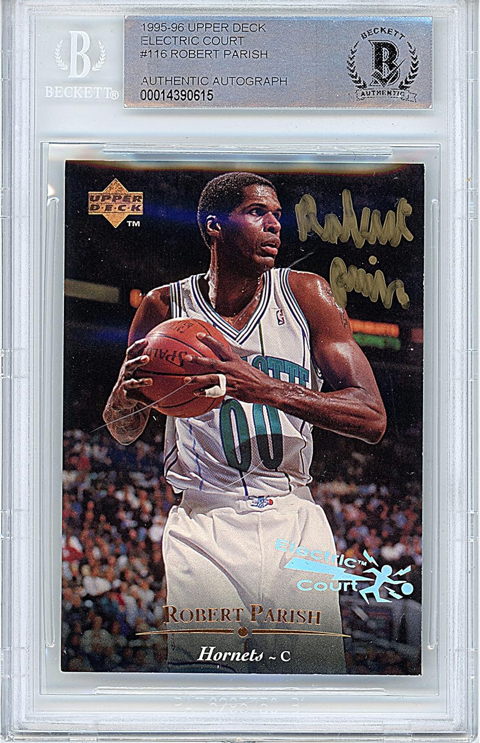 Robert Parish Autographed 1995 1996 Upper Deck Electric Court #116 Basketball Trading Card Slab Beckett BAS Authentic Slabbed COA Played For Charlotte Hornets NBA
