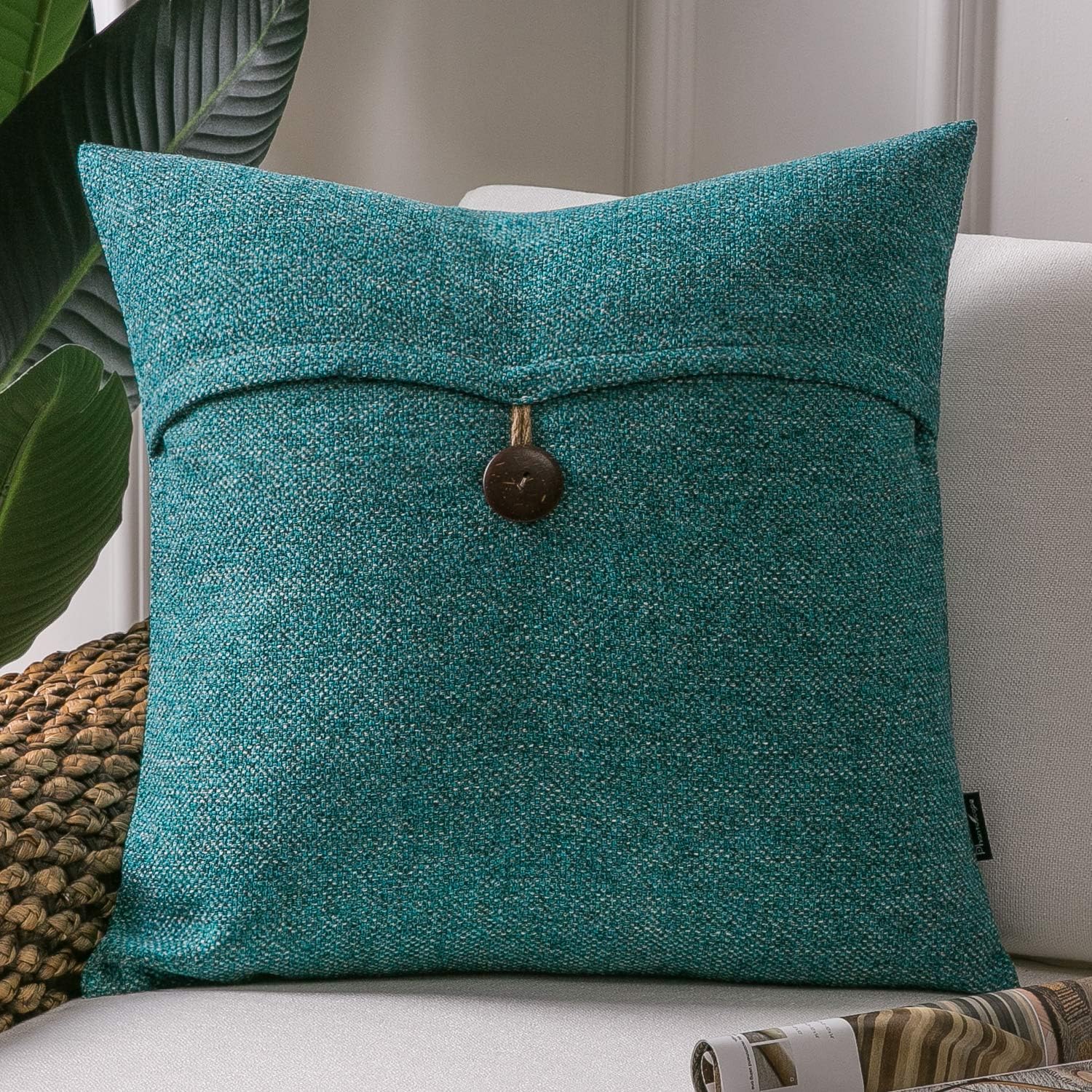 Phantoscope Farmhouse Throw Pillow Case Button Vintage Linen Decorative Soft Cushion Cover for Couch Bed Living Room and Office Chair, Lake Blue, 18 x 18 inches, 45 x 45 cm