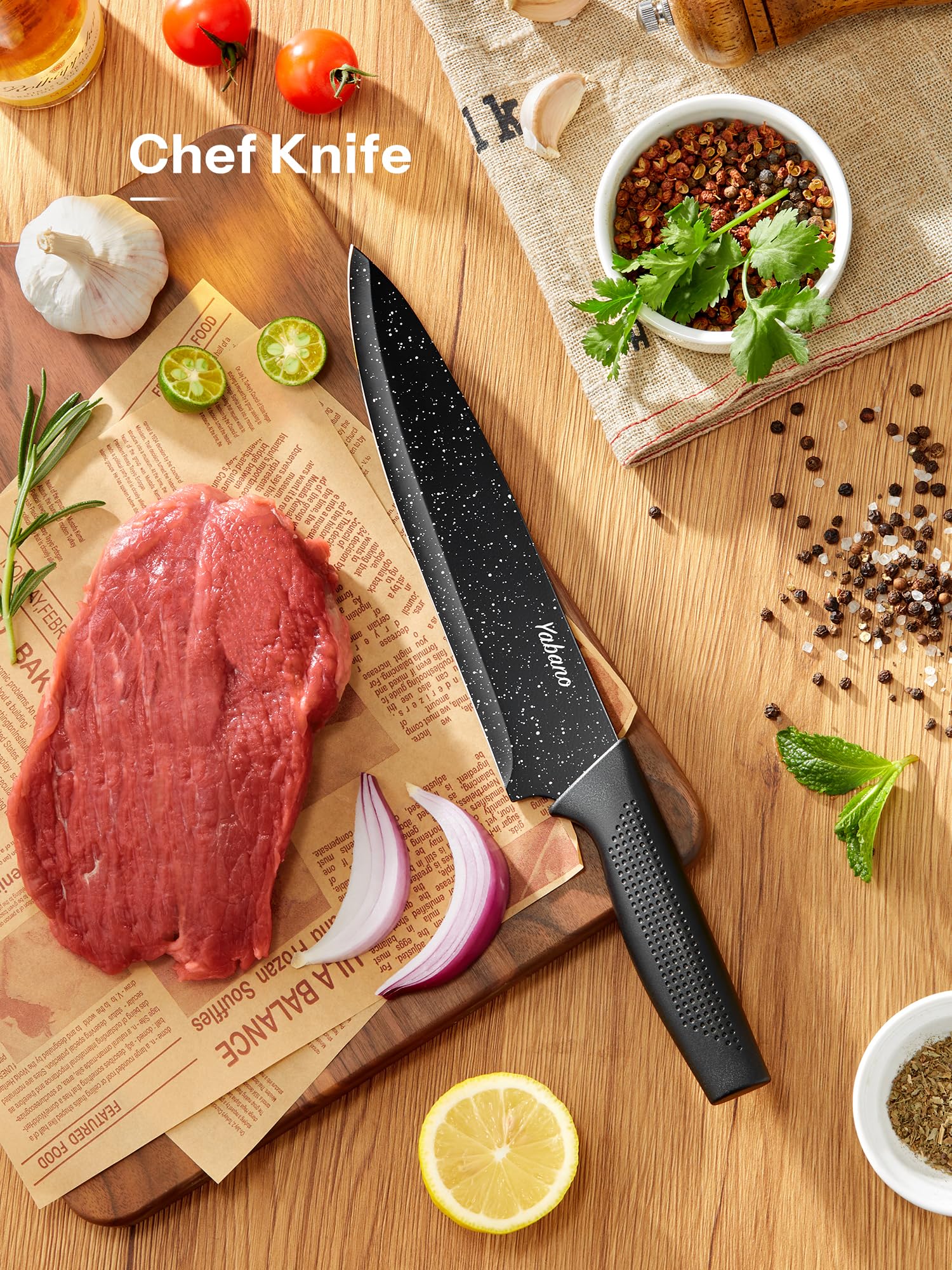 Yabano Set Couteaux Cuisine 7 Pièces avec Bloc et Aiguiseur Intégré, Bloc de Couteaux de Cuisine en Plastique, Lames en Acier Inoxydable Ultra-Tranchantes, Revêtement et Antirouille (Tacheté)
