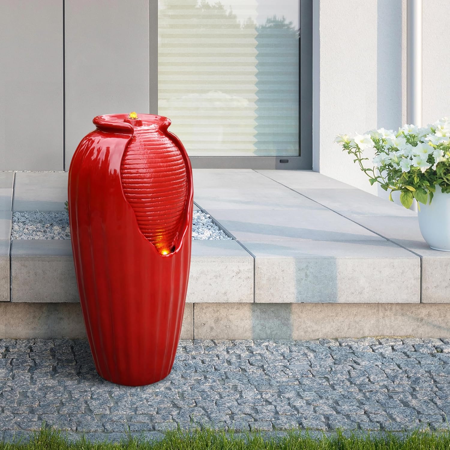 Teamson Home 32" Glazed Red Outdoor Water Fountain - Outdoor Décor Freestanding Floor Feature with Built-in LED Light, Glossy Red